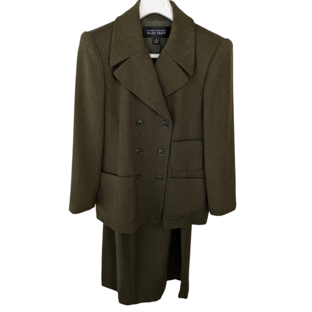 Ellen Tracy Linda Allard Olive Wool Jacket and Skirt